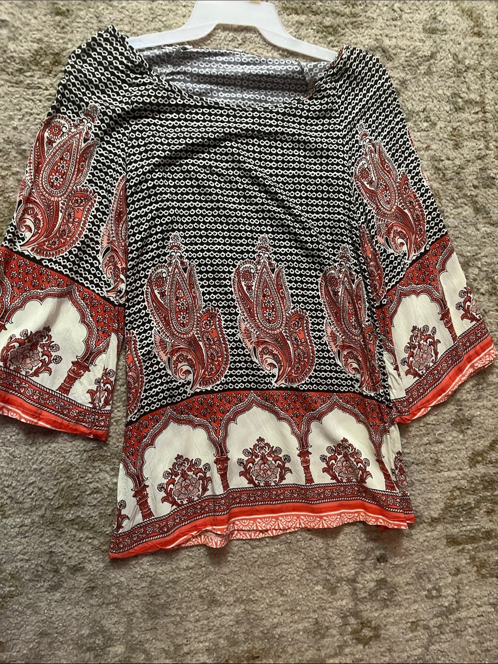 Paisley Border Print Bell-Sleeve Tunic in Black and Red